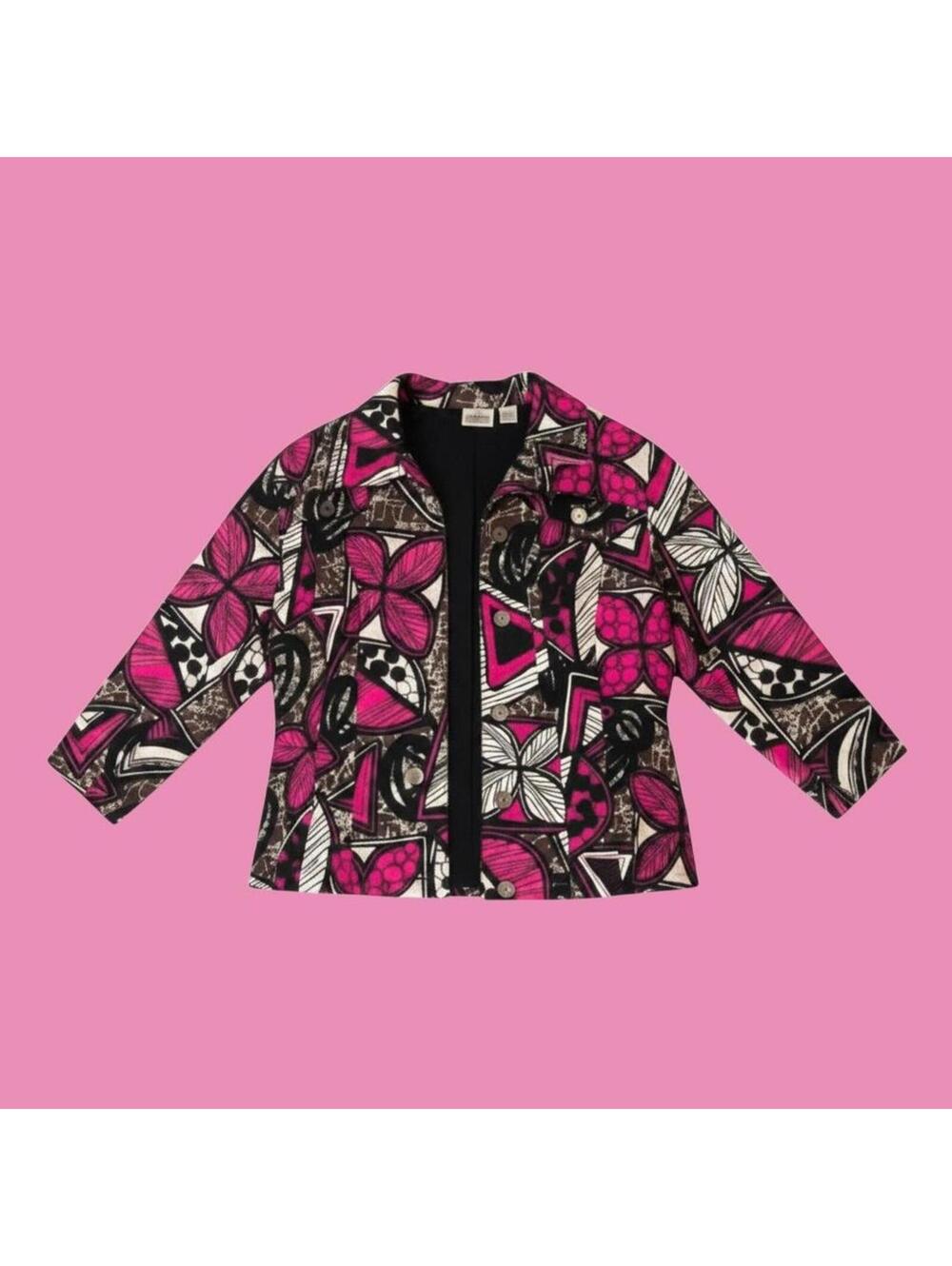 Vintage '90s Chico's Patterned Jacket with Pink and Black Floral Design